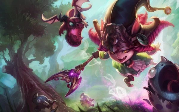 HD desktop wallpaper featuring Lulu, a character from the video game League of Legends, with vibrant colors and a whimsical forest background.