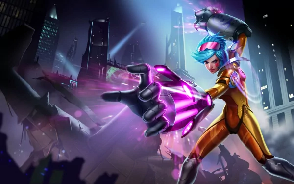 A dynamic 4K Ultra HD wallpaper featuring VI from League of Legends, showcasing her powerful stance and vibrant colors against a futuristic city backdrop.