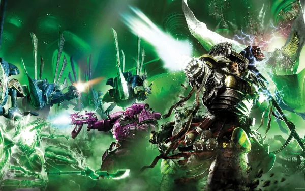 HD PC desktop wallpaper featuring an intense battle scene from the Horus Heresy video game, set in the Warhammer 40k universe with armored warriors and futuristic weaponry.
