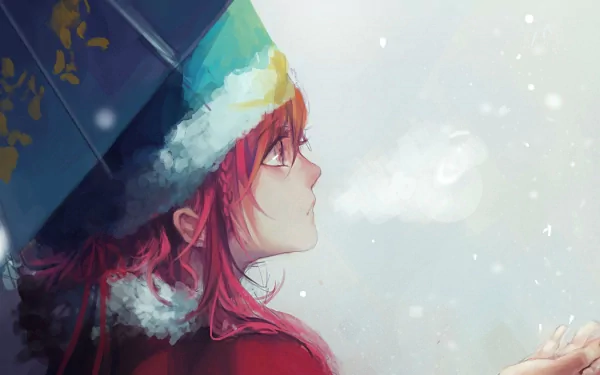 HD anime desktop wallpaper featuring Kouha Ren from Magi: The Labyrinth of Magic, depicted in a winter scene with a soft, snowy background.