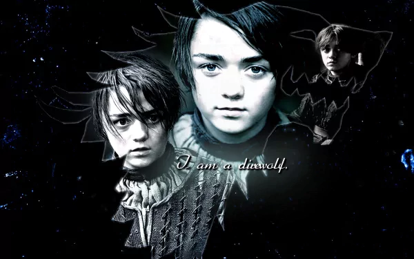 A striking HD wallpaper featuring Maisie Williams as Arya Stark from *Game of Thrones*, showcasing her iconic quote, I am a direwolf, against a dramatic black backdrop.
