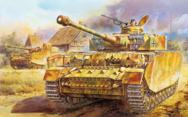 4K Ultra HD digital painting of a military Panzer IV tank advancing through a village with soldiers atop, set against a cloudy sky background.