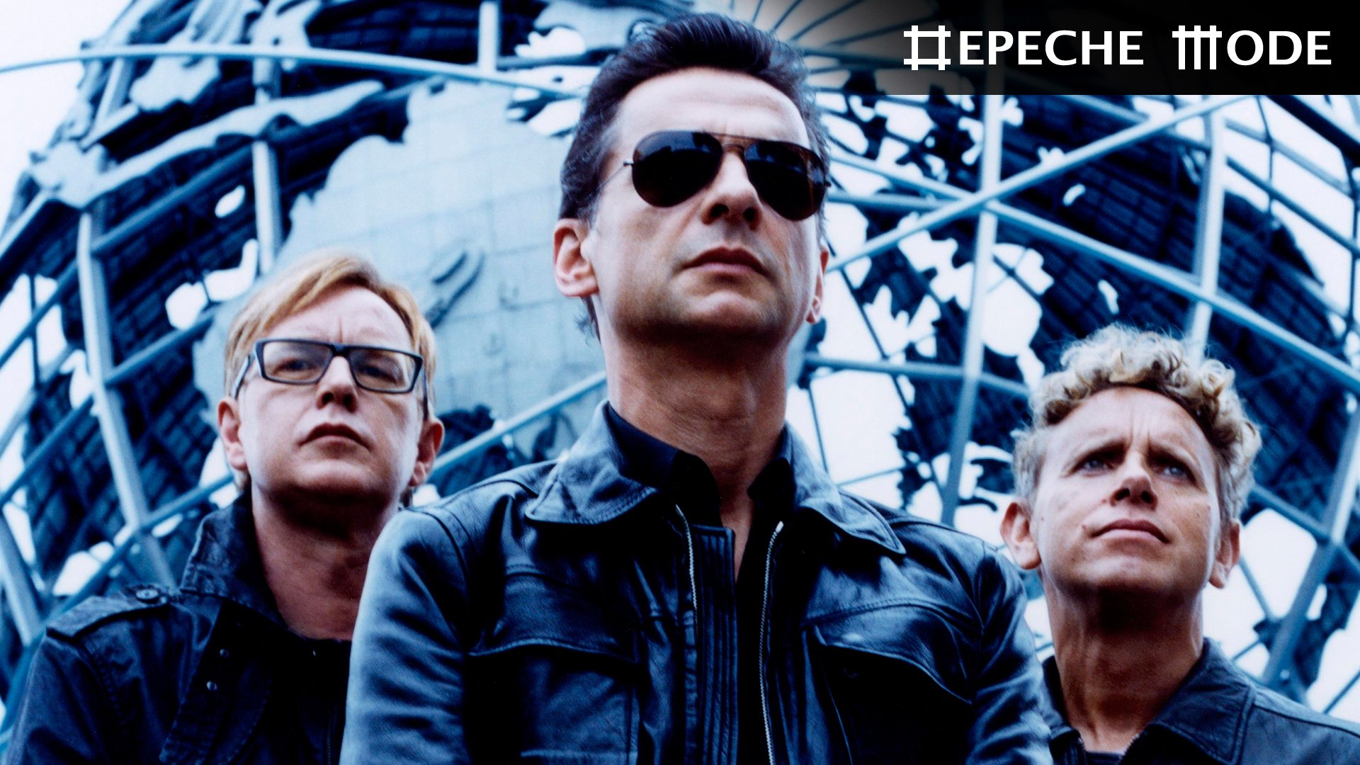 HD PC desktop wallpaper featuring the band Depeche Mode with a futuristic globe structure in the background, highlighting a music-themed design.