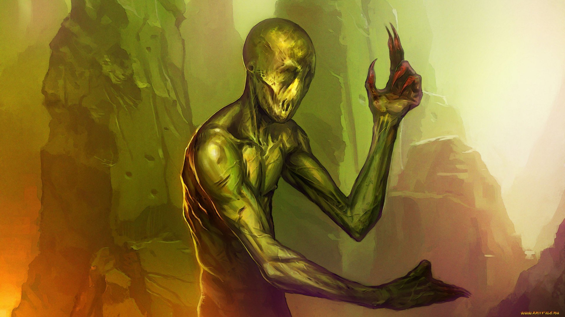 Dark HD PC desktop wallpaper: gaunt green demon with a skull-like face and elongated limbs holds a bloody heart against a hazy, rocky backdrop.
