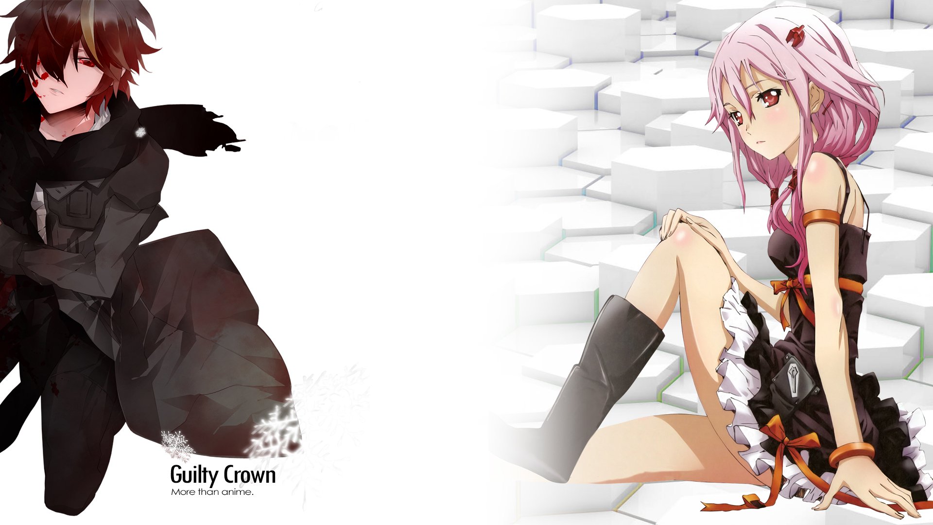 A vibrant HD desktop wallpaper featuring characters from the anime Guilty Crown, showcasing a striking contrast between a dark-clad figure and a pink-haired character in an engaging setting.