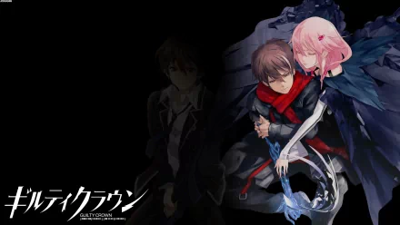 HD desktop wallpaper featuring Shu Ouma and Inori Yuzuriha from the anime Guilty Crown. The characters are prominently displayed with a dramatic, dark background.