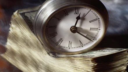 A close-up of a vintage watch resting on a stack of dollar bills, symbolizing the relationship between time and money, set against a soft, blurred background.