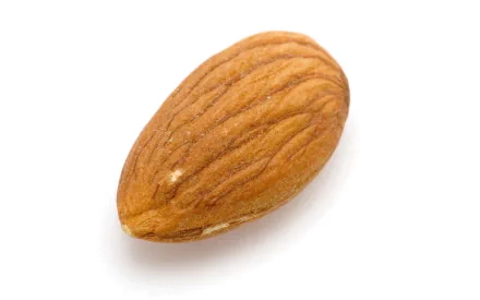 Close-up of a single almond, showcasing its textured surface, set against a clean white background. This high-definition image serves as a vibrant desktop wallpaper or background.
