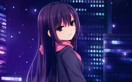 Anime girl with purple hair and purple eyes stands in a cityscape at night. The background features illuminated buildings, creating a serene yet captivating HD wallpaper.