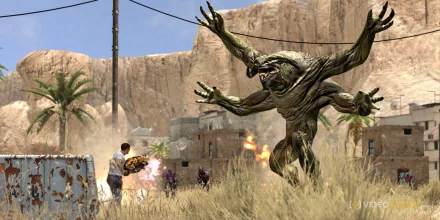 A dynamic HD desktop wallpaper from the video game Serious Sam, featuring a fierce creature attacking a character amidst a desert landscape and scattered explosions.