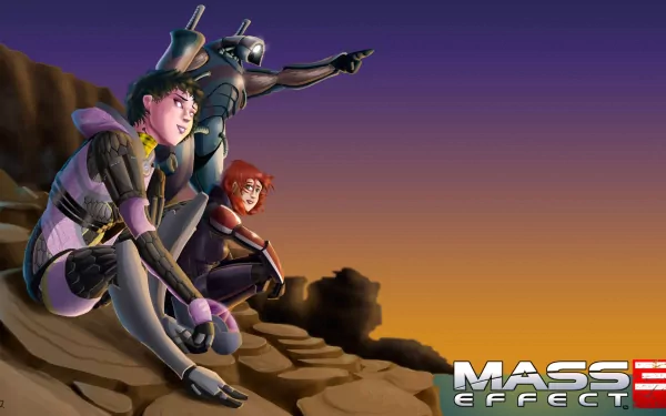 HD PC desktop wallpaper of Mass Effect 3: Legion with Commander Shepard and Tali'Zorah sitting on a cliff at sunset, Legion pointing to the horizon.