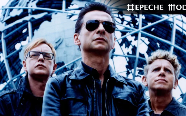 HD PC desktop wallpaper featuring the band Depeche Mode with a futuristic globe structure in the background, highlighting a music-themed design.