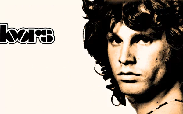 HD PC desktop wallpaper featuring a stylized portrait of Jim Morrison from the band The Doors with the band's logo on a light background.