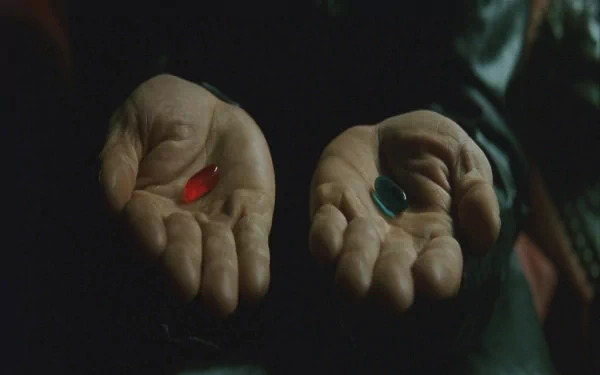 HD desktop wallpaper featuring hands holding the iconic red and blue pills from the movie The Matrix, symbolizing choice and reality.
