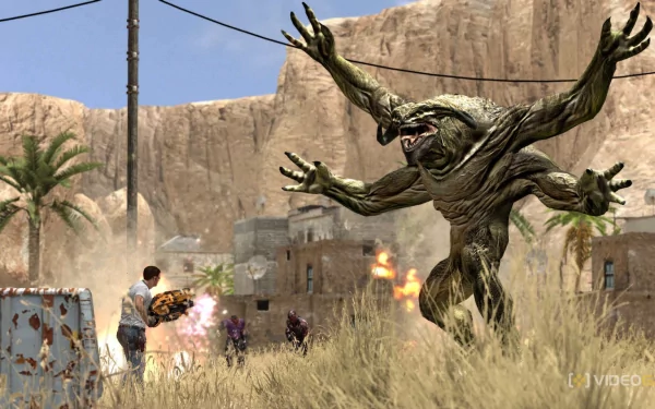 A dynamic HD desktop wallpaper from the video game Serious Sam, featuring a fierce creature attacking a character amidst a desert landscape and scattered explosions.