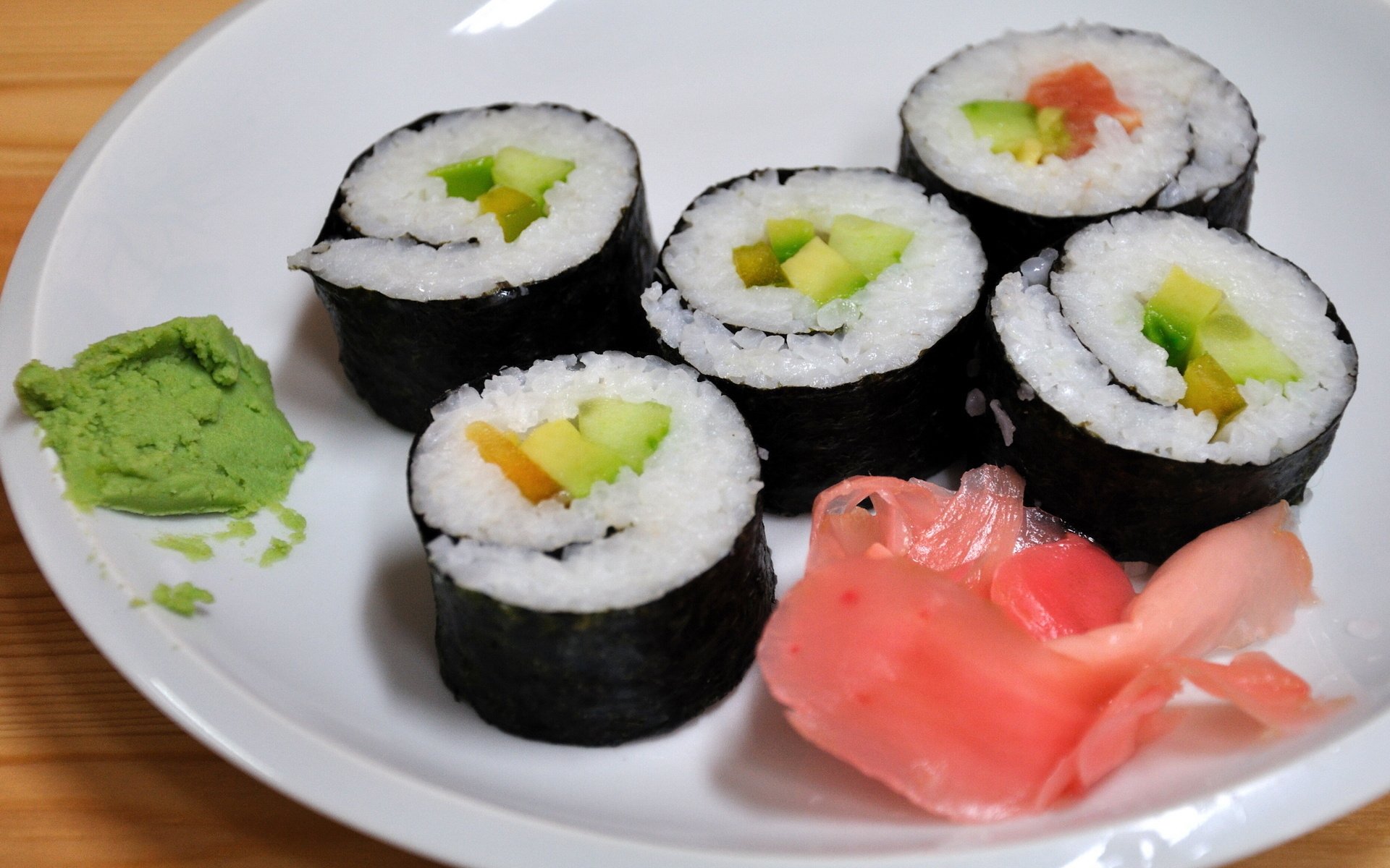 HD PC desktop wallpaper featuring a close-up of sushi rolls served with wasabi and pickled ginger on a white plate.