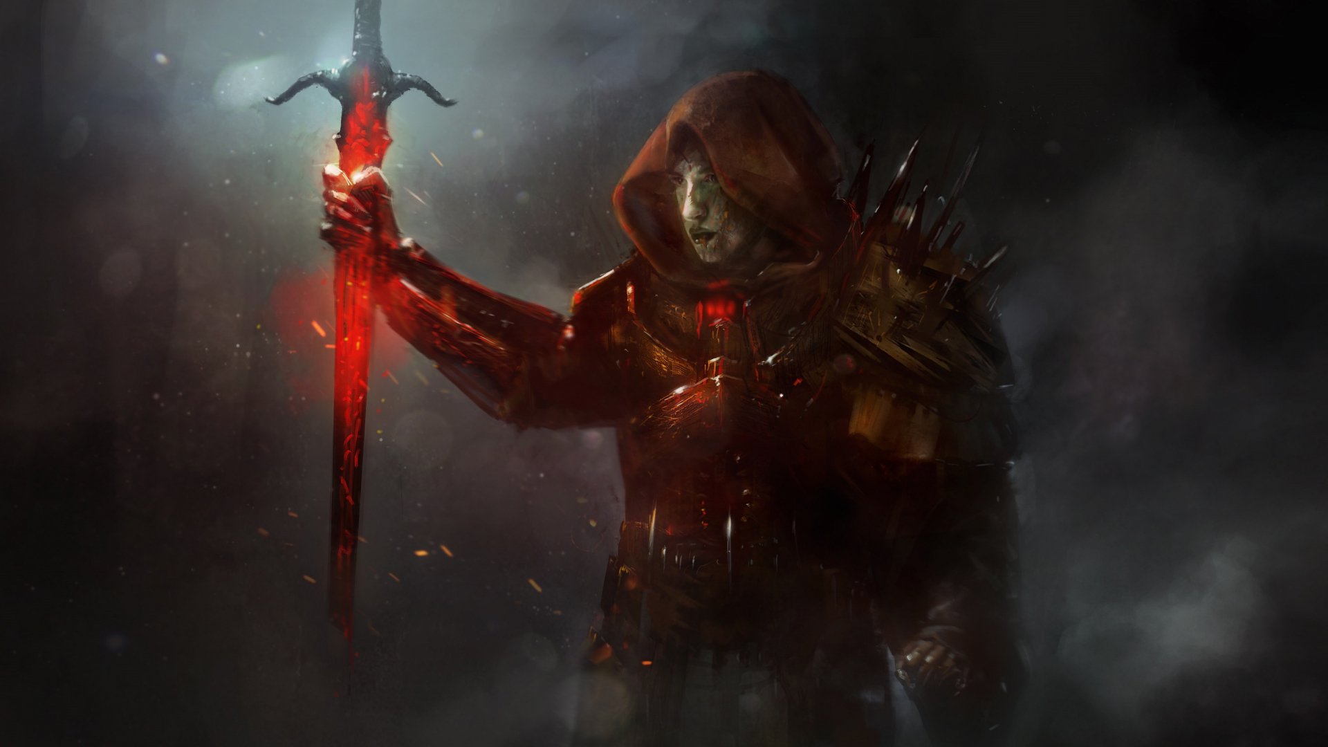 A dark fantasy warrior in spiked armor grips a glowing red sword, surrounded by mist and shadows, in an HD PC desktop wallpaper and background.