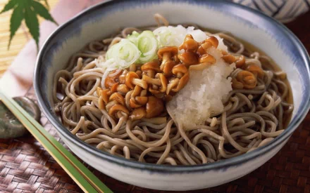 A close-up of a bowl of Asian noodle soup featuring soba noodles topped with mushrooms, green onions, and a dollop of grated daikon, set against a textured background.