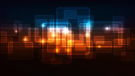 HD desktop wallpaper featuring a cool abstract design with glowing orange and blue squares on a dark background.