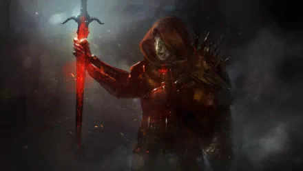 A dark fantasy warrior in spiked armor grips a glowing red sword, surrounded by mist and shadows, in an HD PC desktop wallpaper and background.