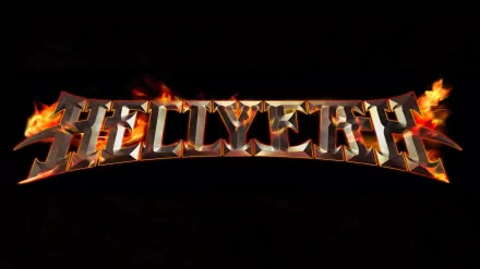 HD PC desktop wallpaper: Hellyeah flaming metallic logo across a black background, music-themed heavy metal aesthetic.