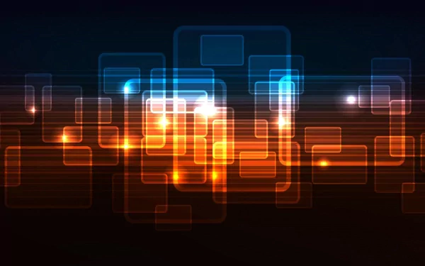 HD desktop wallpaper featuring a cool abstract design with glowing orange and blue squares on a dark background.
