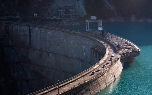 HD desktop wallpaper featuring a majestic dam with cars on the road atop, against a serene water backdrop.