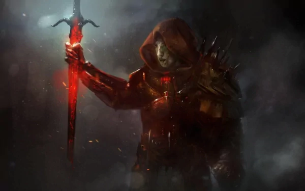 A dark fantasy warrior in spiked armor grips a glowing red sword, surrounded by mist and shadows, in an HD PC desktop wallpaper and background.