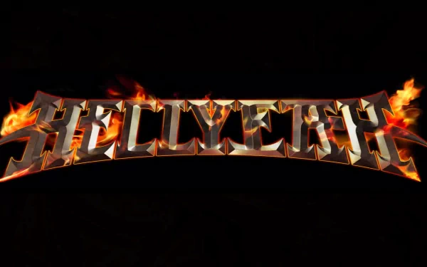 HD PC desktop wallpaper: Hellyeah flaming metallic logo across a black background, music-themed heavy metal aesthetic.