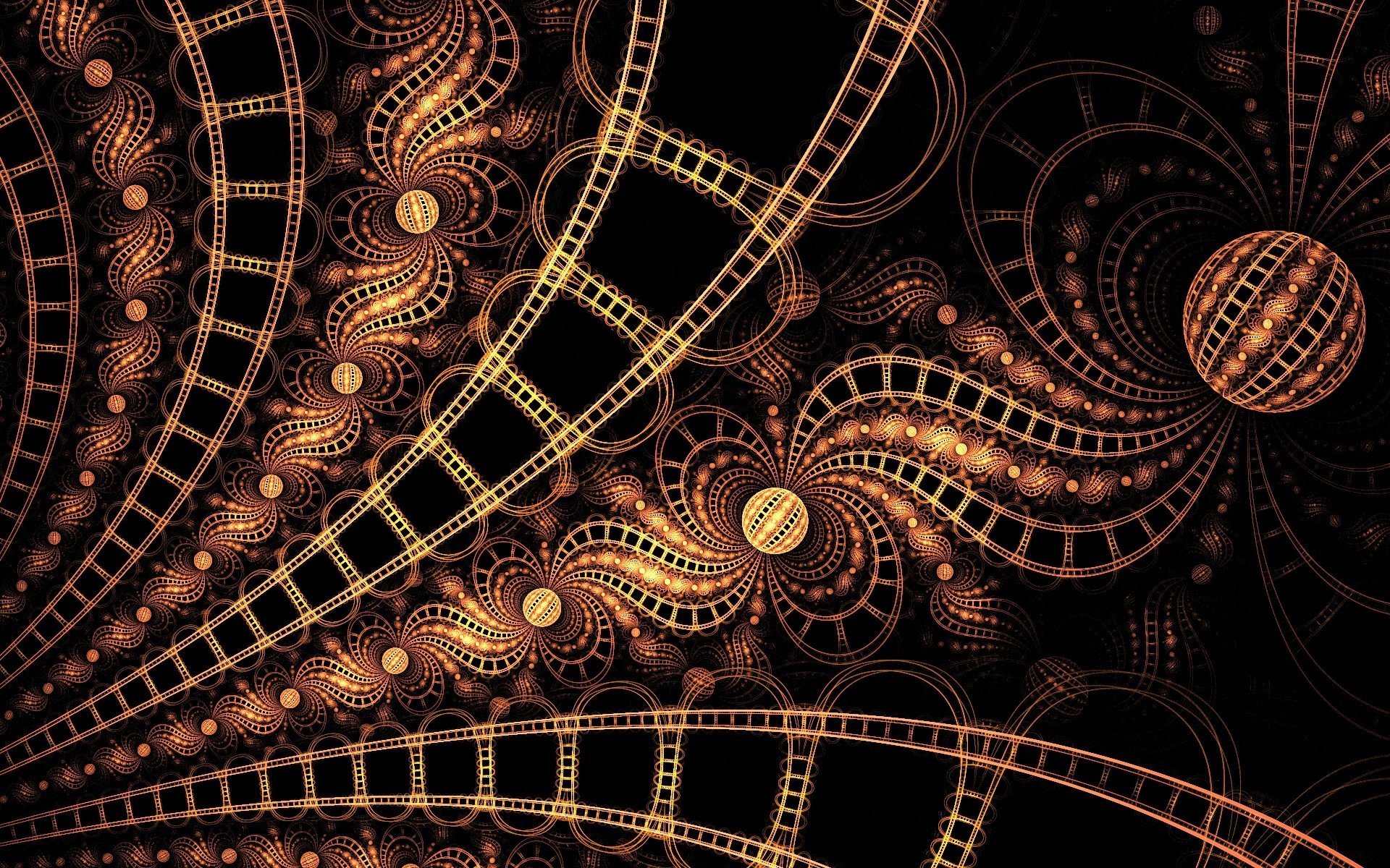 HD PC desktop wallpaper featuring a psychedelic, trippy abstract fractal design in warm golds and browns with intricate swirling patterns and cosmic elements.