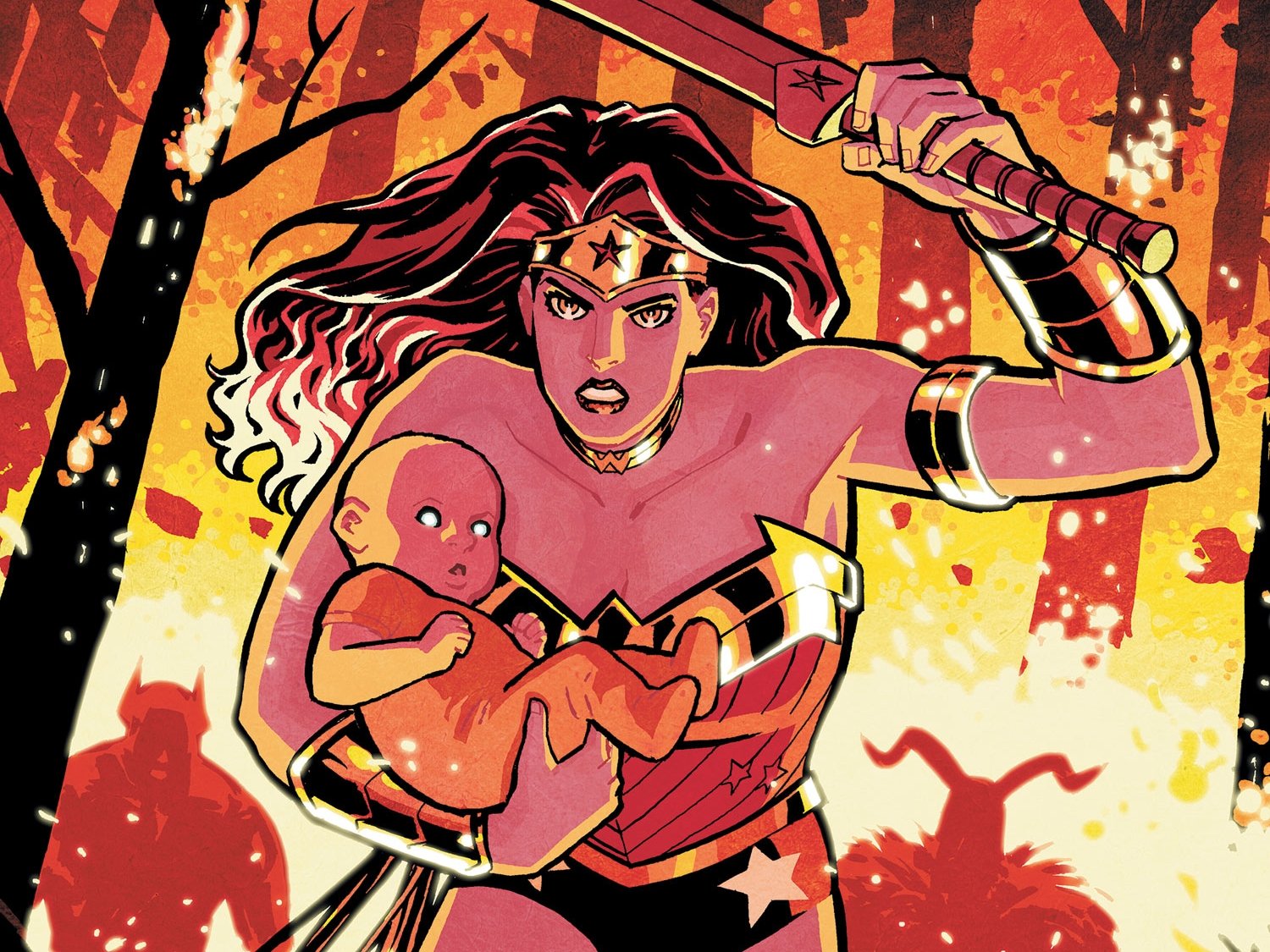 HD PC desktop wallpaper: comic Wonder Woman clutching a baby, sword raised amid blazing ruins, bold colors and dramatic background.