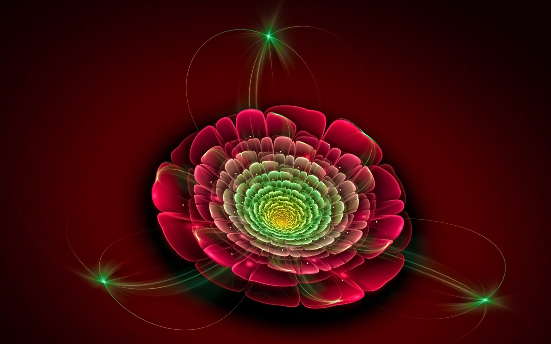 Abstract fractal design with layered, glowing petals in vibrant red and green hues, set against a dark background. HD PC desktop wallpaper and background.