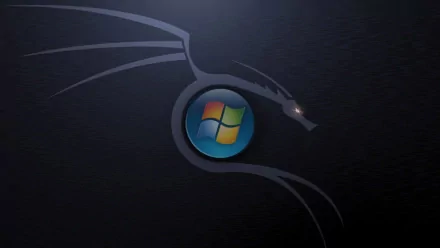 HD desktop wallpaper with a dark background featuring a fusion of the Windows logo and the Kali Linux dragon symbol, blending elements of Linux and Windows technology.