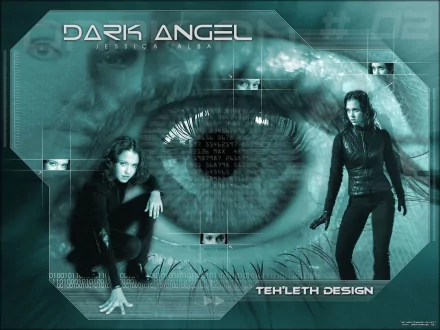 Teal HD PC desktop wallpaper of Dark Angel TV show: large close-up eye overlaid with two leather-clad poses of the heroine, digital grid and glitchy sci‑fi graphics.