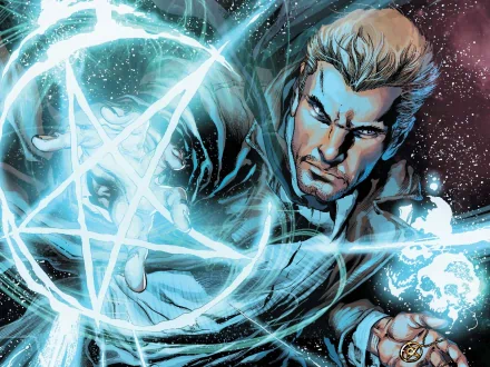 HD PC desktop wallpaper featuring John Constantine from DC Comics casting a glowing magical spell with a mystical pentagram and energy effects.