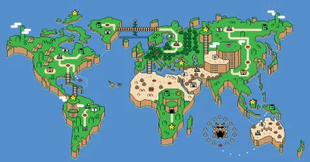 Colorful HD desktop wallpaper featuring a vibrant map inspired by Super Mario World, showcasing a whimsical landscape with various terrains and platforms.