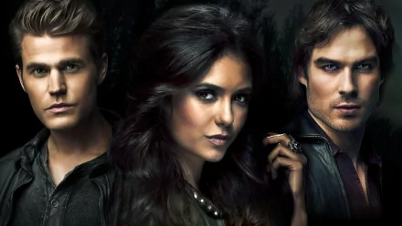 HD wallpaper featuring characters from the TV show The Vampire Diaries, showcasing a dramatic trio with a dark and captivating background.