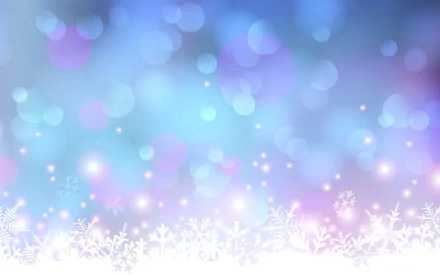 Artistic HD desktop wallpaper featuring a dreamy background with blue and purple bokeh effects and numerous white snowflakes at the bottom.