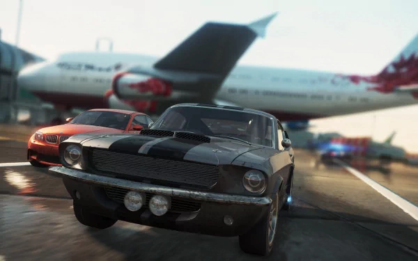 4K Ultra HD PC desktop wallpaper featuring high-speed cars from the video game Need For Speed: Most Wanted, set against a blurred airport runway background.