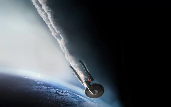 HD PC desktop wallpaper depicting the Star Trek Into Darkness movie spacecraft plunging toward Earth with a fiery trail against the dark backdrop of space.