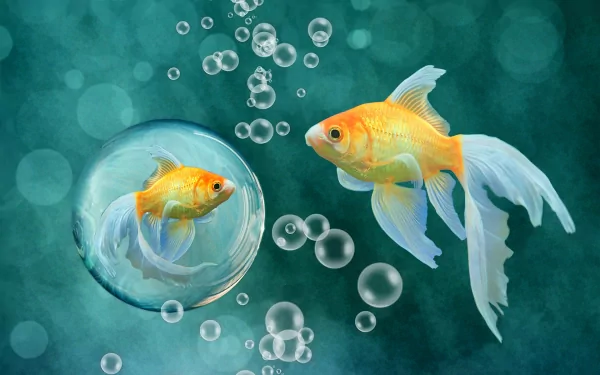 HD desktop wallpaper featuring two goldfish swimming underwater surrounded by bubbles against a teal background, showcasing vibrant colors and detailed aquatic life.