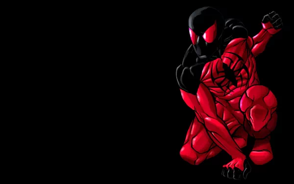 HD PC desktop wallpaper featuring the Scarlet Spider in a dynamic, crouched pose against a black background, showcasing vibrant red and black comic-style design.