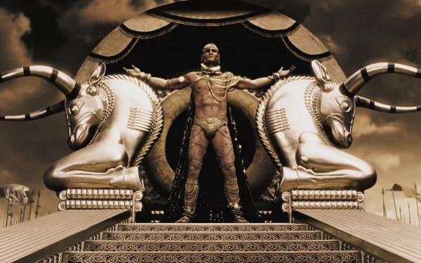 HD desktop wallpaper of Xerxes, portrayed by Rodrigo Santoro, from the movie 300, standing on an ornate throne flanked by two large bull statues.