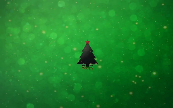 Minimalist HD PC desktop wallpaper featuring a simple black Christmas tree with a red star on a green bokeh background, capturing a clean holiday spirit.