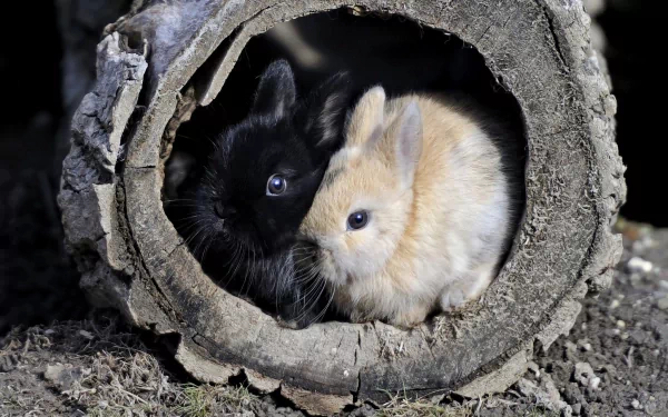 Two adorable rabbits, one black and one tan, nestled together inside a rustic log. This charming scene makes for a delightful HD desktop wallpaper or background.