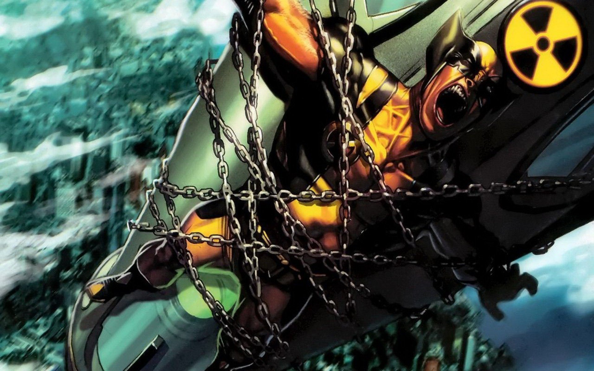 HD PC desktop wallpaper featuring Wolverine from the comic series, struggling against chains with a fierce expression amidst a dynamic, action-packed background.
