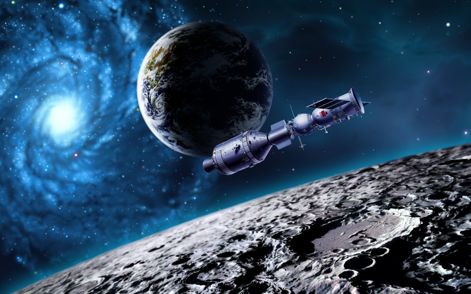 HD sci-fi PC desktop wallpaper showing a spaceship orbiting a cratered moon with Earth and a glowing galaxy in the deep space background.
