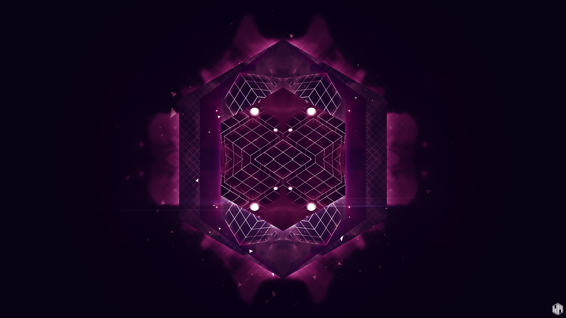 Abstract 3D glitch art featuring geometric cube shapes in dark purple tones, designed as an HD PC desktop wallpaper and background.