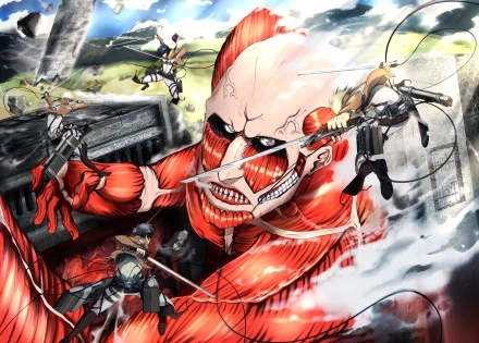 Action-packed HD artwork featuring Jean Kirstein, Mikasa Ackerman, Eren Yeager, and Armin Arlert from the anime Attack on Titan, battling the colossal titan in a vibrant backdrop.