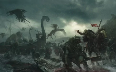 A fierce fantasy battle scene featuring Viking warriors and mythical creatures amidst stormy waters, with dark skies and dramatic elements creating an intense atmosphere.